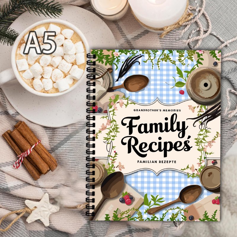 Home Cooking Cookbook - สมุดสูตรอาหาร A5, ลายตารางสีน้ำเงิน, ลายเถาวัลย์, ของขวัญที่สมบูรณ์แบบสำหรับผู้ที่ชื่นชอบการทำอาหารที่บ้านและเชฟมืออาชีพ, สมุดสูตรอาหาร